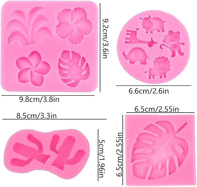 Tropical Flower Leaf Silicone Mold, 4 Pcs Hibiscus Plumeria Flower Cactus Fondant Molds Tropical Palm Leaves Chocolate Molds for Candy Cake Decoration Cupcake Topper Gum Paste Polymer Clay