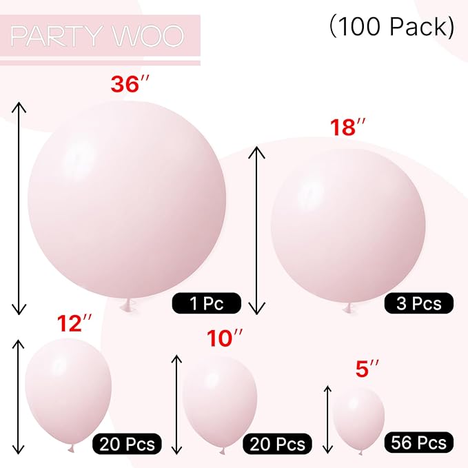 PartyWoo Pale Pink Balloons 100pcs Different Sizes of 36 18 12 10 5 Inch Light Pastel Baby Pink Balloon Arch Kit for Birthday Engagement Bachelorette Baby Shower Easter Party Decorations Pink-Q01