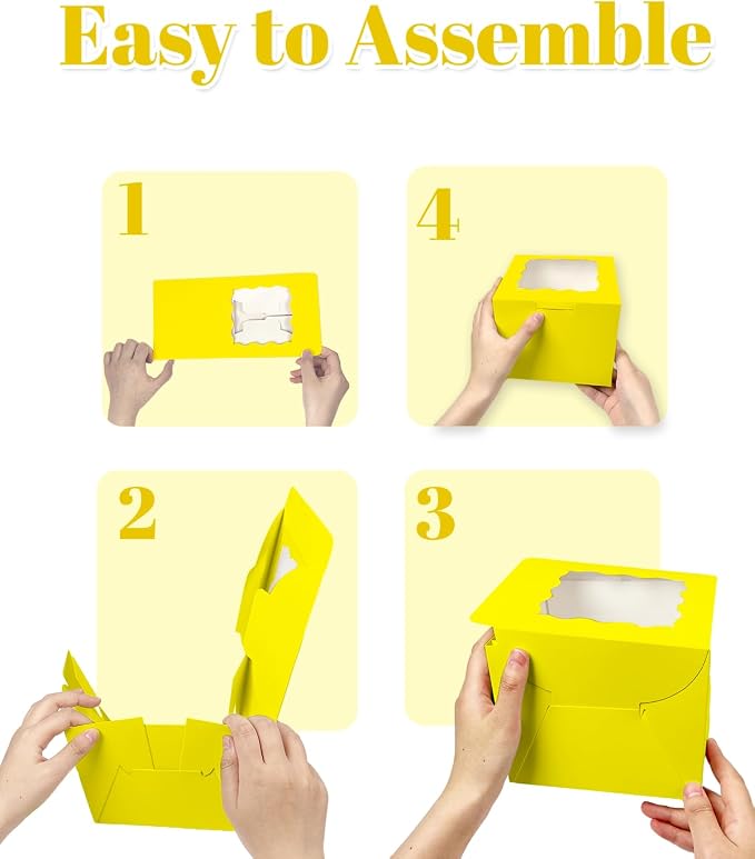Bakepacker 36pcs 6x6x5 Inches Cake Boxes with Window 18-Packs Yellow 6 Inch Bakery Boxes (18 Cake Boxes +18 Cake Boards Included)