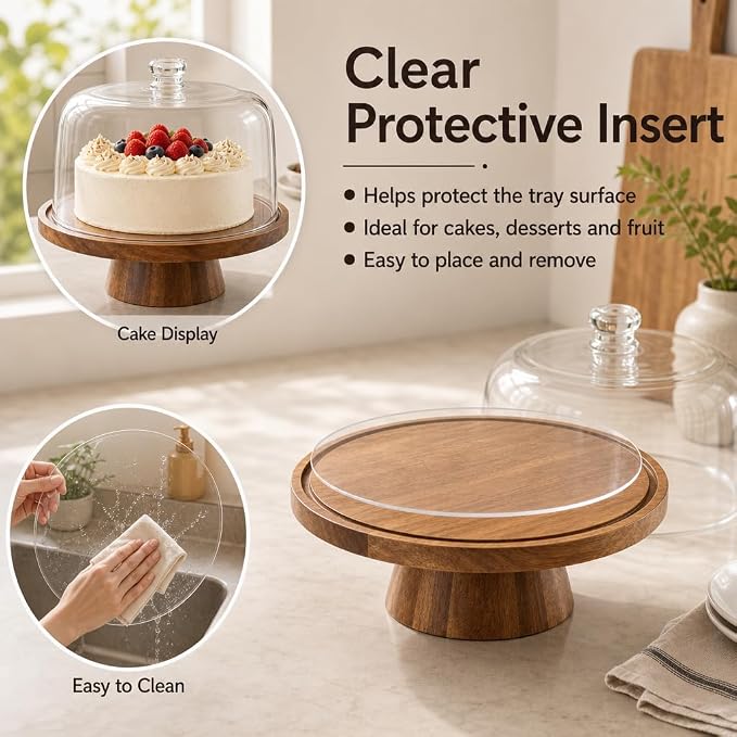 Acacia Wood Cake Stand with Lid, 11.4" Cake Stand with Acrylic Dome, 2-In-1 Cake Display Stand with Magnetic Base, Cake Holder for Charcuterie, Snacks&Desserts for Birthday/Wedding/Kitchen/Party