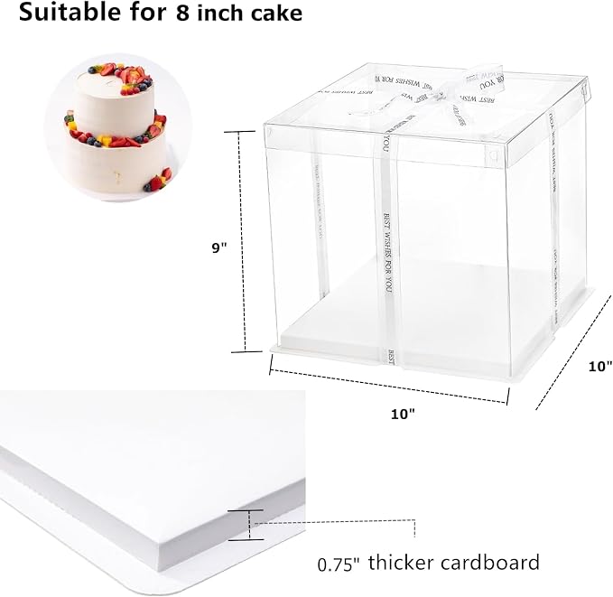 6 Pack Clear Cake Box, 2-Layer Transparent Cakes Box with Ribbon, 10" X 10" X 9" Tall Cake Carrier Boxes with Sturdy Board for Bakery Dessert Bread Pastry Birthday Parties, Wedding Graduation