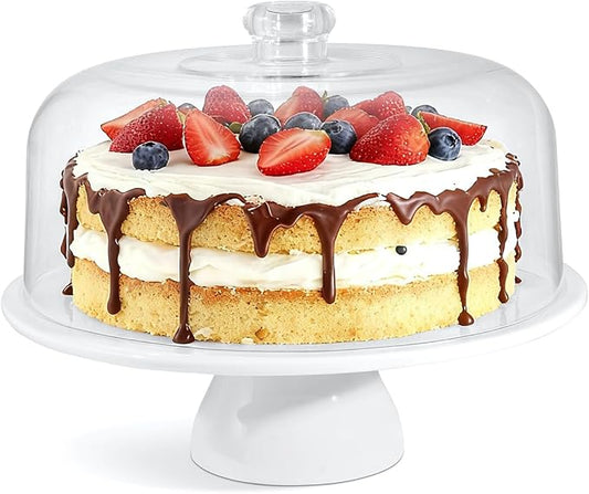 12 Inch Porcelain Cake Stand with Dome, White Round Dessert Stand for Cakes, Cupcakes & Pastries – Elegant Covered Cake Display for Birthday Parties, Weddings & Baby Showers