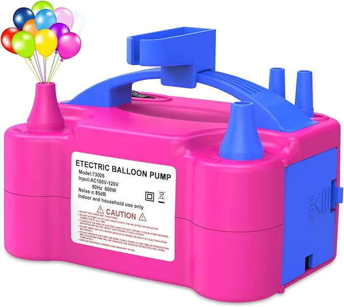 IDAODAN Electric Balloon Pump, Portable Electric Balloon Blower Machine Balloon Air Pump Dual Nozzle Rose Red 110V 600W Balloon Inflator for Party Decorations
