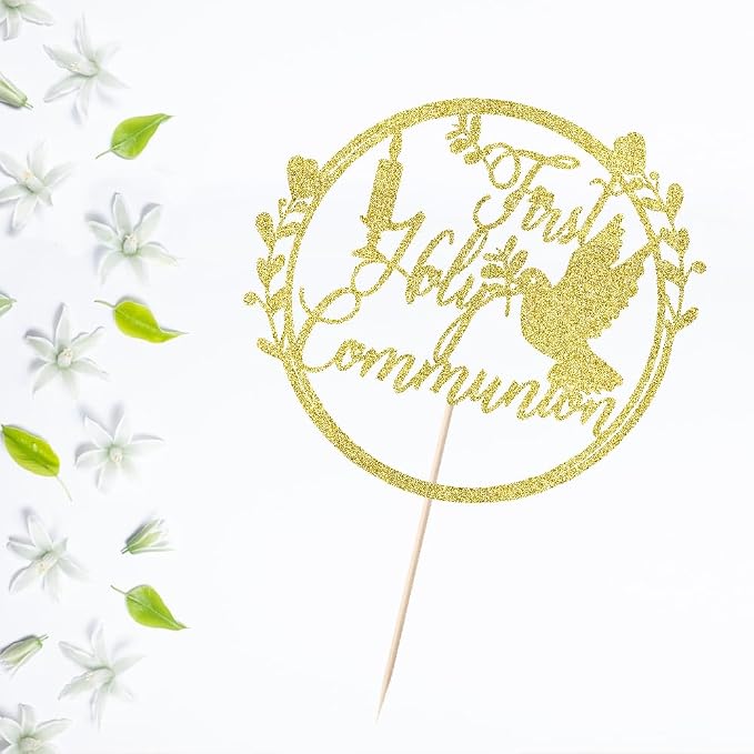 Gold Glitter First Holy Communion Cake Topper-Suitable for Ramadan, Religious Baptism, Baby Shower 1st Birthday Party Decorations, Children's Birthday, God Bless, Communion Party Decorations