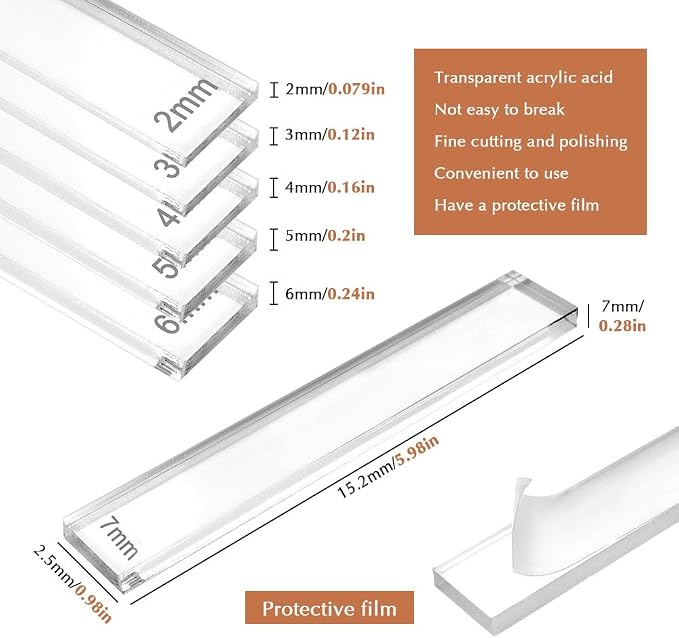 12Pcs 6 Size Acrylic Polymer Clay Depth Guide Set, 2,3,4,5,6,7mm Adjustable Clay Rolling Pin Guide, Roller Depth Guides Pottery Tools for Polymer Thickness (Color:Clear)