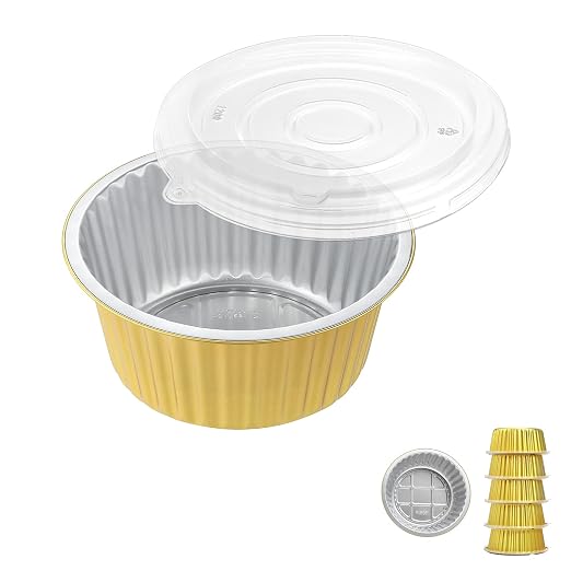 46oz Deep Round Aluminum Foil Pans with Lids, 5 Pack | 7 Inch Round, 3 Inch Deep, Heavy Duty Foil, Ideal for Baking, Meal Prep and Food Storage