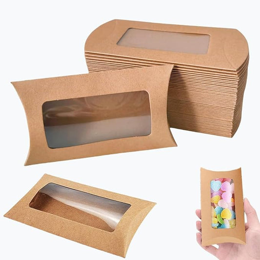 40 Pcs Pillow Gift Boxes with Windows,Kraft Paper Mini Pillow Packaging Box, Creative Favor Box Folding Treat Boxes with Clear Window for Bakery Candy Chocolate Jewelry Display Wedding Party Favor