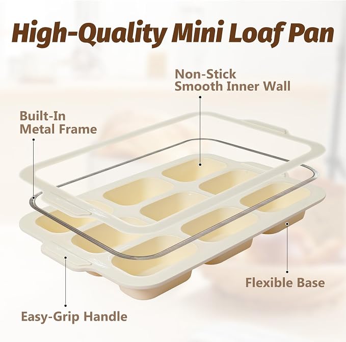 Silicone Bread Loaf Pan Set: 9.5 x 5 Inch Loaf Mold with Metal Frame and Nonstick Mini Bread Pan for Homemade - for Baking Banana Rye Cornbread Meatloaf Oven - Brownie Tray for Home Baker (Beige)