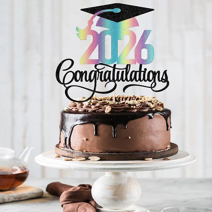 Glitter 2026 Congratulations Graduation Cake Topper,Congrats Grad Cake Decor - 2026 High School/College/Senior Graduation Party Decorations Supplies（Black and color）