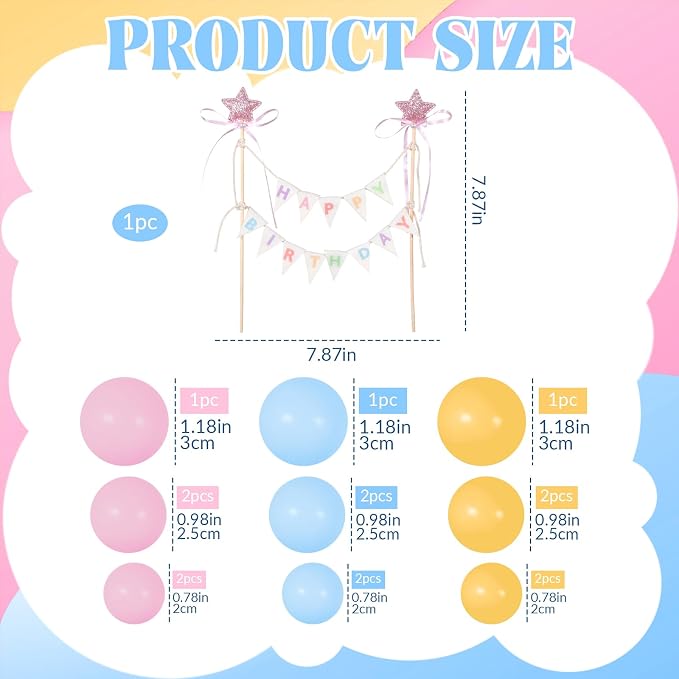 16 Pcs Happy Birthday Cake Topper Cake Bunting Topper Banner with Wood Pole Rainbow Garland with Bow Ribbon Balloon, Mini Cupcake Decor for Birthday Baby Shower (Pink,Blue,Yellow)