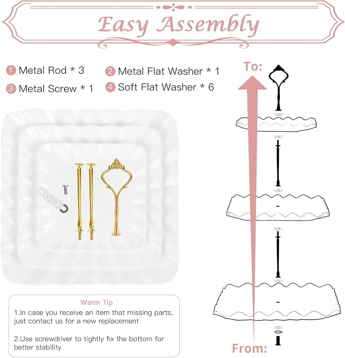 PinCute 5 Pcs Dessert Table Display Set - 2 X Cupcake Stand Holder/Cup Cake Tier Tower & 3 X Serving Tray Combo for Tea Party, Birthday, Baby Shower (Wave Square)