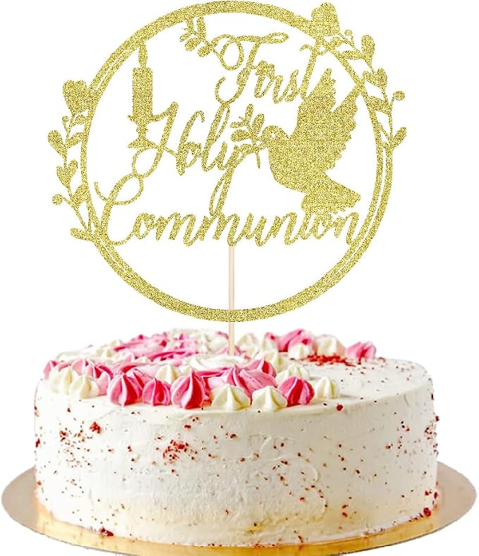 Gold Glitter First Holy Communion Cake Topper-Suitable for Ramadan, Religious Baptism, Baby Shower 1st Birthday Party Decorations, Children's Birthday, God Bless, Communion Party Decorations