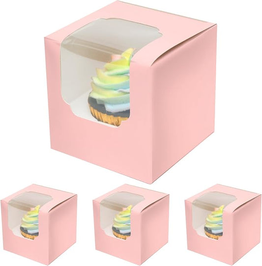qiqee Pink Cupcake Boxes Individual 100 Packs 3.5x 3.5x 3.5 Auto-Popup Single Cupcake Carrier for Wedding Favor Birthday ＆ Party
