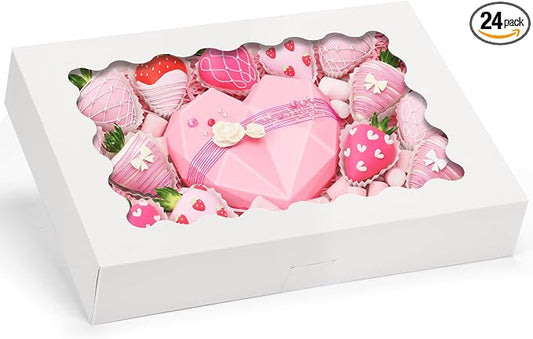 Moretoes 24pcs Bakery Boxes, 14x10x2.5 Inch Treat Boxes with Window for Chocolate Covered Strawberries, Donuts, Pies, Muffins and Pastries (White)