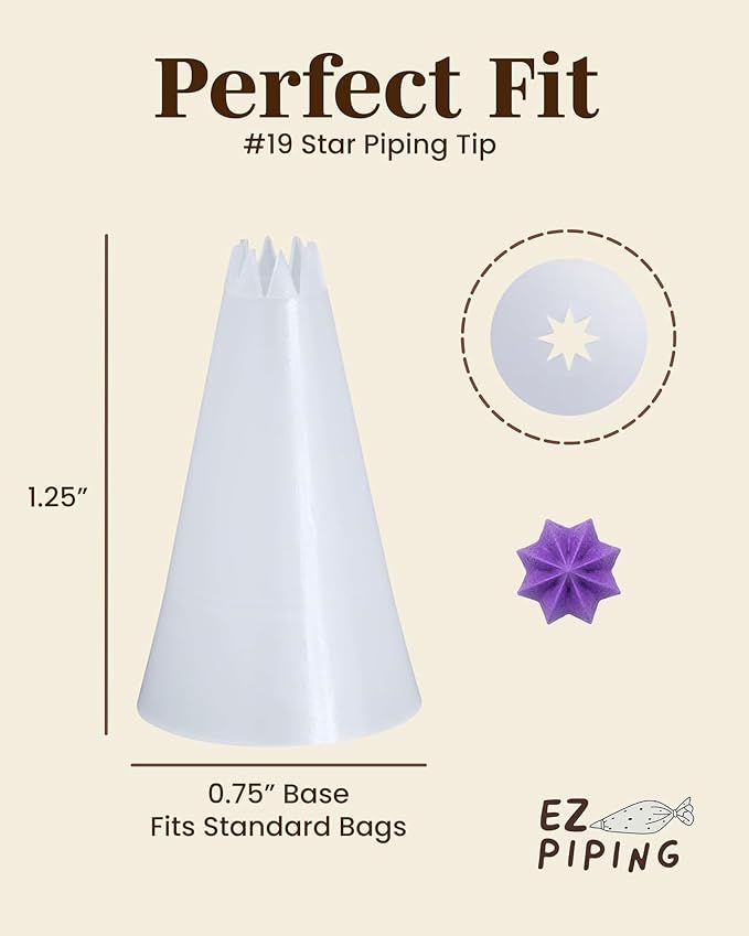 Reusable Plastic Piping Tips Standard Size Star Tip #19 20 PacK with 2 Couplers Icing Nozzles for Cake Decoration Dessert Design Baking Supplies and Piping Bags Base Ø 0.75" Height 1.25"