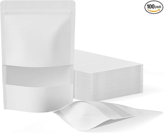 FireKylin 100 Pcs Resealable Bags, Paper Stand Up Pouches Bags with Matte Window for Small Businness, Zipper & Heat Sealable Treat Bags for Packaging (Inner Size 5.2" x 5.7"; Outer Size 5.9" x 8.6")