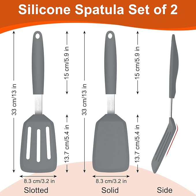 2 Pack Silicone Kitchen Spatula Set, 600°F Heat Resistant (Gray) | BPA Free, Solid & Slotted Turner, Non-Toxic Cooking Utensils, Safe for Non Stick Frying Pan, Dishwasher Safe
