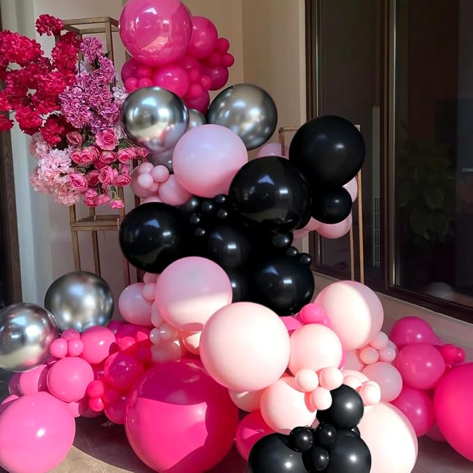 MEBAY Hot Pink Black Silver Balloon Garland Arch Kit, 166Pcs Red Black Pink Silver Balloons for Birthday Graduation Baby Shower Wedding Anniversary Bachelorette Party Decorations