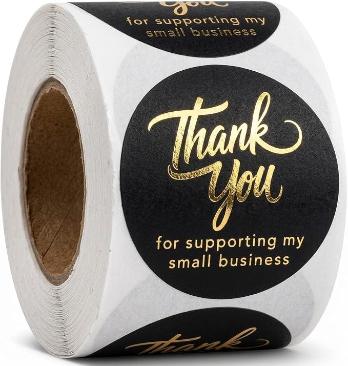500 Thank You for Supporting My Small Business Stickers – 1.5 Inch Black and Gold Foil Round Labels – 4 Fonts – Waterproof Self-Adhesive Seals for Packaging, Envelopes, Boxes, Orders & Gift Bags