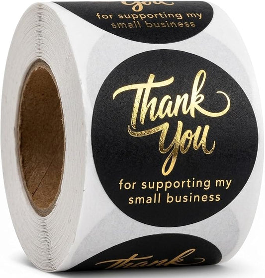 500 Thank You for Supporting My Small Business Stickers – 1.5 Inch Black and Gold Foil Round Labels – 4 Fonts – Waterproof Self-Adhesive Seals for Packaging, Envelopes, Boxes, Orders & Gift Bags