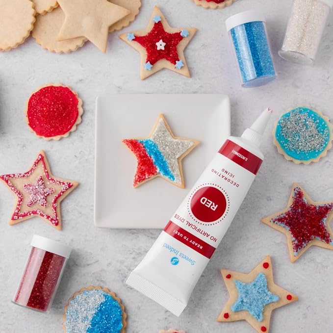 Sweets Indeed 4th of July Decorating Sugar 4-Pack Set – Red White Blue and Silver Sanding Sugar for Baking & Decorating Cupcakes, Cookies, Cakes & Desserts – 4.52 ounces