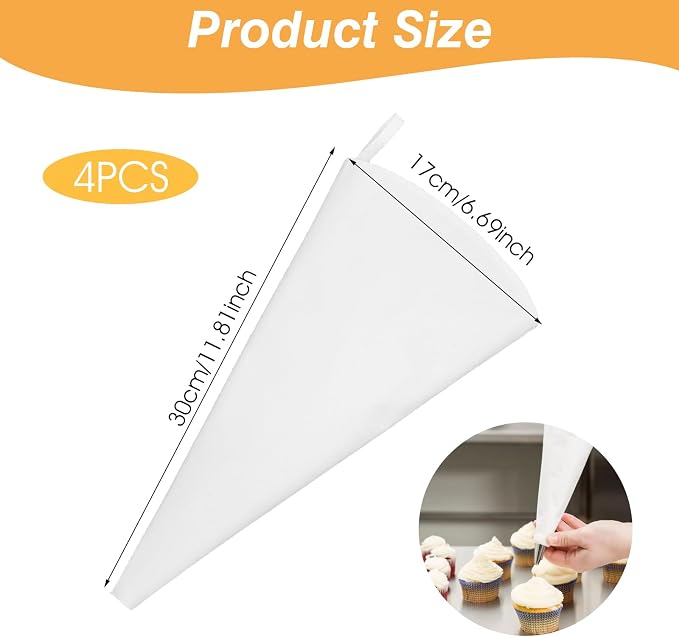 4Pcs Cotton Cloth Piping Bags, Reusable Icing Bags Anti Burst Cake Decorating Bags 12 inch Pastry Cake Piping Bags for Cake Cupcakes Cookies Frosting