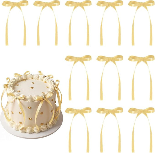 30 Pack Bow Cake Toppers Champagne Gold Ribbon Bows for Cake Bow Cupcake Toppers Back to School Decorations Bow Birthday Decorations for Baby Shower, Wedding, Engagement, Bachelorette Party