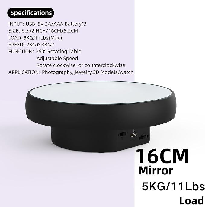 JAYEGT Motorized Rotating Display Stand, 6.3inch /11 Lbs Load ,Mirror Cover ，360 Degree Electric Rotating Turntable ,Cup Display Turner Stand,Photography Products, Jewelry ,Tumbler-Black