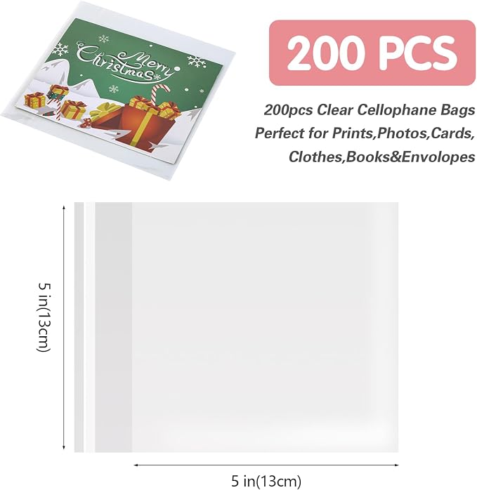 5 X 5 Inch Clear Cookie Bags for Gift Giving,200 Pcs Self Sealing Cellophane Bags Adhensive, for Candy, Bakery,Prints,Photos Cards Party Snack,Cookie for Gift Giving