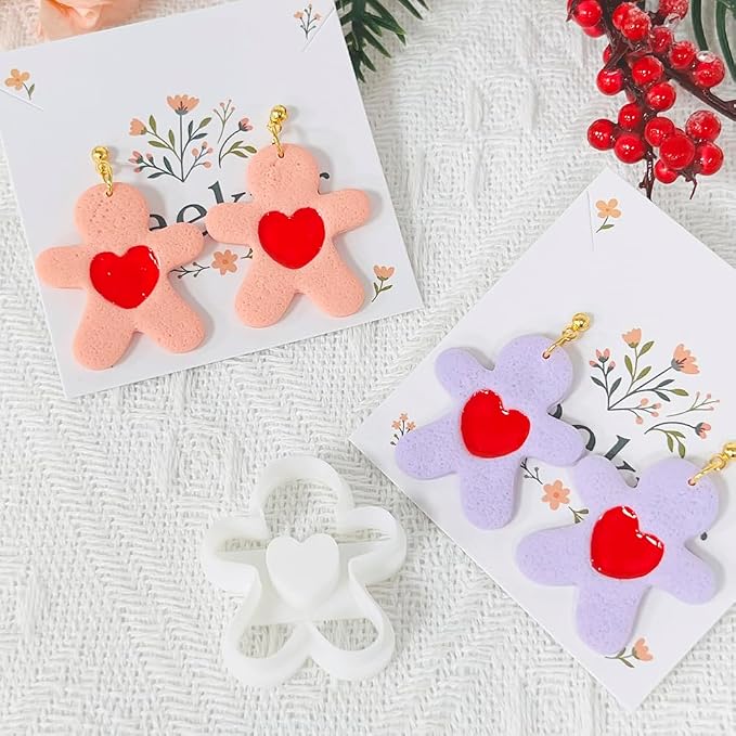 Xaekicr Cute Heart Gingerbread Polymer Clay Cutters Set – Clay Earring Cutters for DIY Earrings, Polymer Clay Molds for Jewelry Making – Clay Tools for Holiday Craft Lovers
