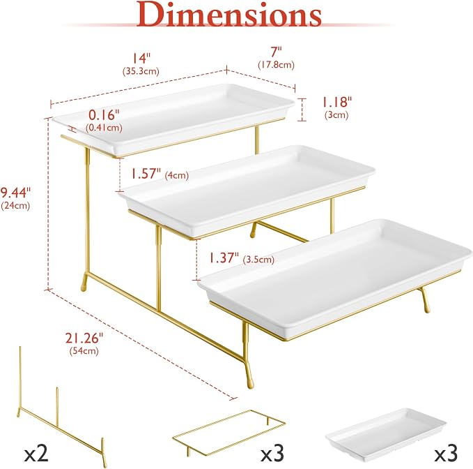 3-Tier Melamine Serving Tray Set, 14"x7" Platters for Serving Food, White Reusable Trays with Golden Metal Display Stand for Cupcakes, Sevring Food, Dessert, Fruit, Cookie, 24K Gold-Plated