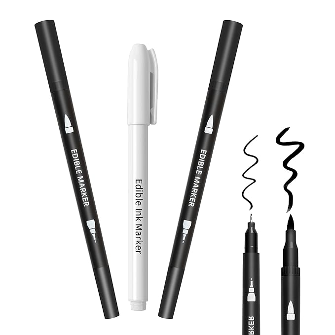 Edible Markers 3Pcs Black & White Food Coloring Pens – Double-Sided Fine & Thick Tips Edible Food Pens for Cookie Decorating, Fondant, Cakes, Desserts, Easter Eggs