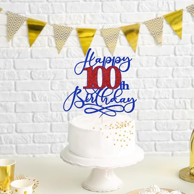 Happy 100th Birthday Cake Topper,Black font Golden Numbers 100th Birthday Cake Decoration，Hello 100, Cheers to 100 Years/100th Anniversary,100& Fabulous Party Decoration