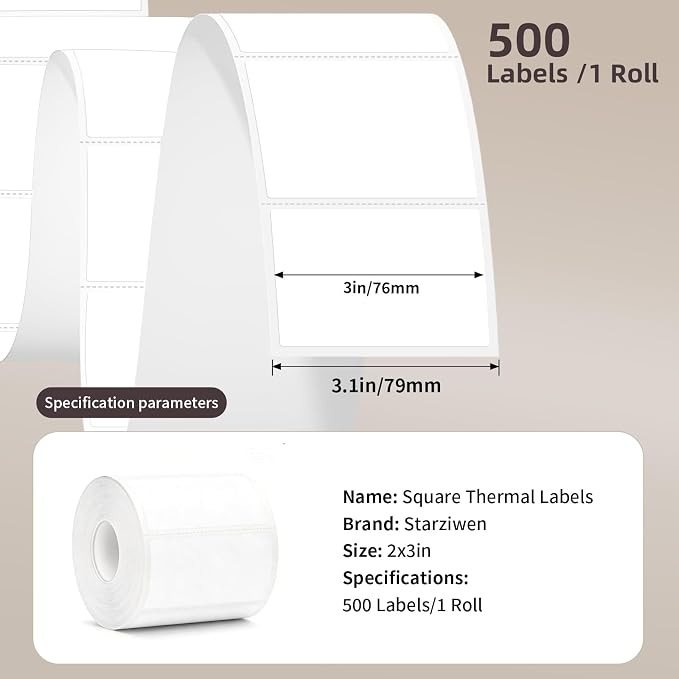 500 Labels/Roll 2" x 3" White Thermal Labels, Self-Adhesive Rectangle Thermal Sticker for Name Tag, Address, Barcode, Storage Bin, Organization