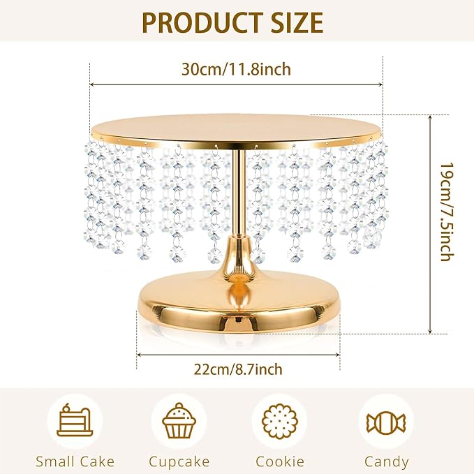 2 Pcs Gold Metal Mirror Cake Stand Set with Crystal Pendants - 11.8"W Elegant Dessert Table Display for Weddings, Birthday Parties, Baby Showers, Events - Sturdy Crystal Bling Cupcake Stands for Pastries, Sweets, Decorations