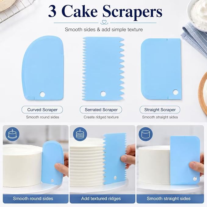 34 PCS Cake Decorating Supplies Kit, Reusable Piping Bags and Tips Set with 24 Stainless Steel Icing Tips, 3 Cake Scrapers, 2 Couplers, Ties and Cleaning Brush for Baking