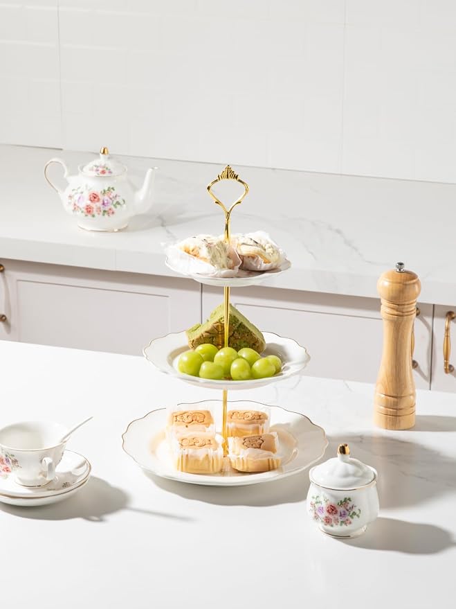Sweejar 3 Tier Ceramic Cake Stand Wedding, Dessert Cupcake Stand for Tea Party Serving Platter(Small Flower)