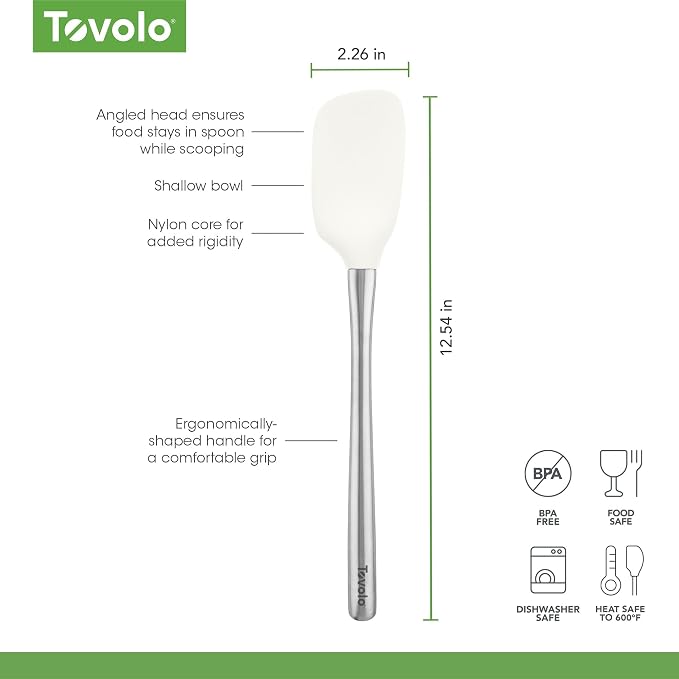 Spoon Spatula Spoonula with Stainless Steel Handle Ergonomic Grip White, Silicone Scoopula Kitchen Utensil Non Scratch Easy Clean Dishwasher Safe Heat Resistant Flex Core Scoop Spatula Tovolo