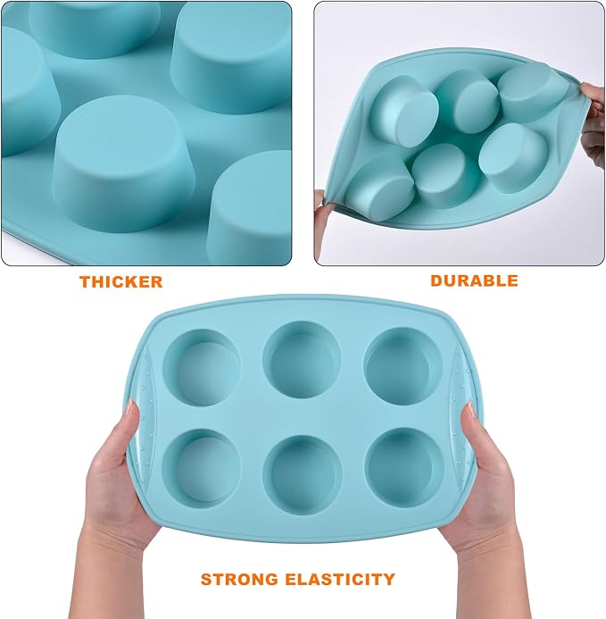 6-Cavity Silicone Muffin Pan, Circular Shape Non-Stick Baking Mold for Cupcakes, Egg Tarts, Fruit Pies, Brownies, Oven & Dishwasher Safe (-104°F to +446°F), BPA-Free Flexible Bakeware - Nordic Blue