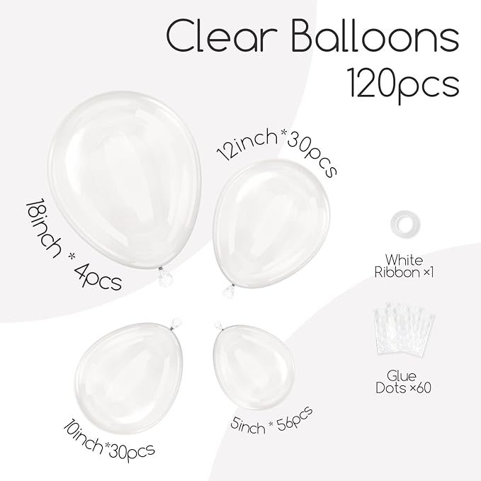 120pcs Clear Balloons, 18 12 10 5 inch Transparent Balloons Different Sizes Clear Balloon Garland for Baby Shower Wedding Bridal Shower Birthday Party Decorations