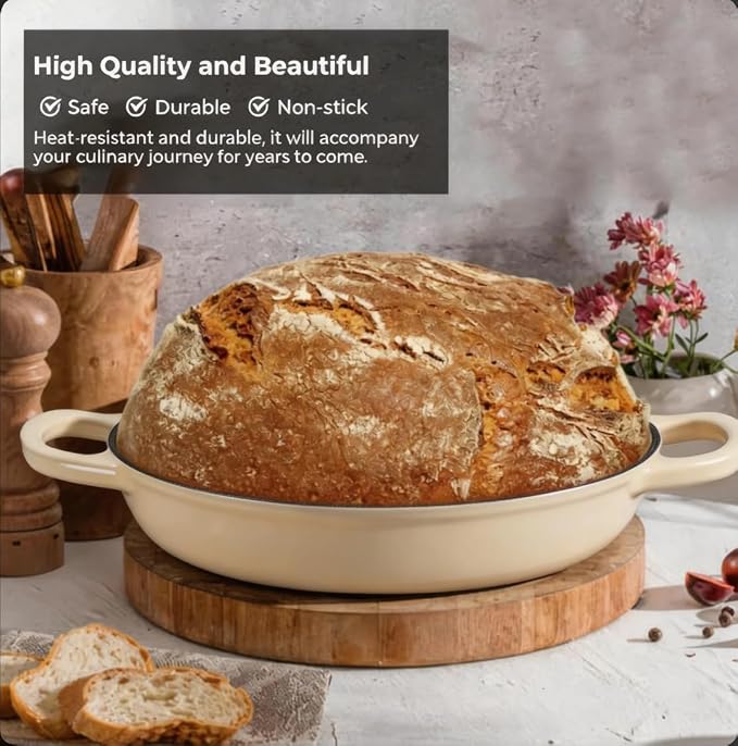 Cast Iron Bread Oven for Sourdough, 6Qt Bread Baking Pan with Lid, Enameled Sourdough Dutch Oven for Bread Baking, Oven Safe up to 482℉, Latte
