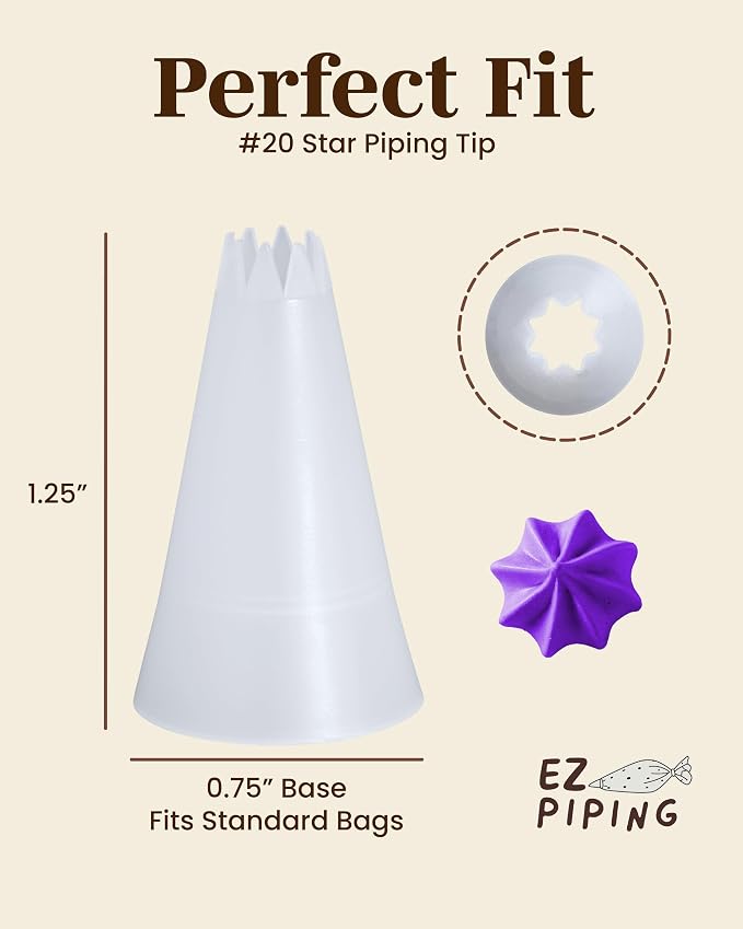 Reusable Plastic Piping Tips Standard Size Star Tip #20 100 Pack with 2 Couplers Star Tip Icing Nozzle for Cake Decoration, Dessert, Baking Supplies and Piping Bags Base Ø 0.75"Height 1.25"
