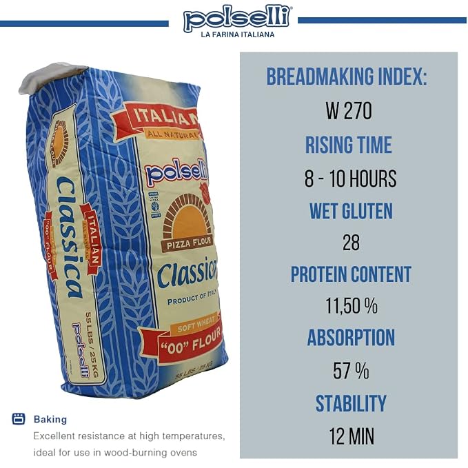 POLSELLI Classica, Tipo 00 Double Zero Flour, Soft Wheat, 25 kg (55 lbs) | All-Natural Type "00" European Flour For Pizza, Bread, Pastas, 8+ Hour Rise Dough; Unbleached, Unbromated, No Additives.