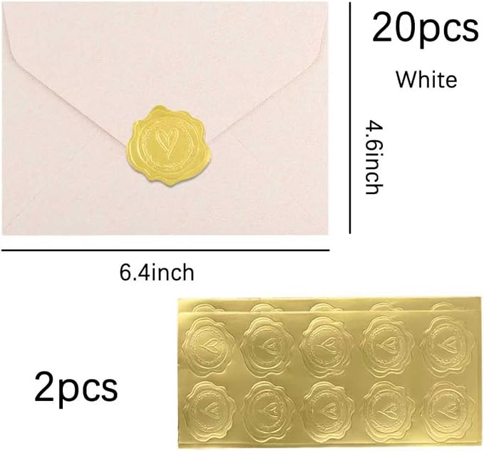 20 Pack 4x6 White Linen Envelopes with Gold Wax Seals - Handmade Look A6 Vintage Envelopes & Self-Adhesive Seal Stickers for Greeting Cards, love letter, Wedding, Party Invitation