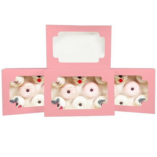 qiqee Auto-pop up Pink Cookie Box with Window 12x8x2.5 inch 32 Packs Two Uses One Second Folding Pastry Biscuit Bakery Box for Packaging