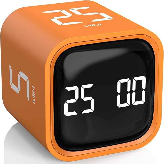 Rotating Pomodoro Timer 5, 25, 10 50 Minutes Preset, Desk Productivity Flip Timer, ADHD Tool Cube Countdown Stopwatch, Vibration/High/Low Volume/Custom Modes, for Work, Study, Back to School, Orange