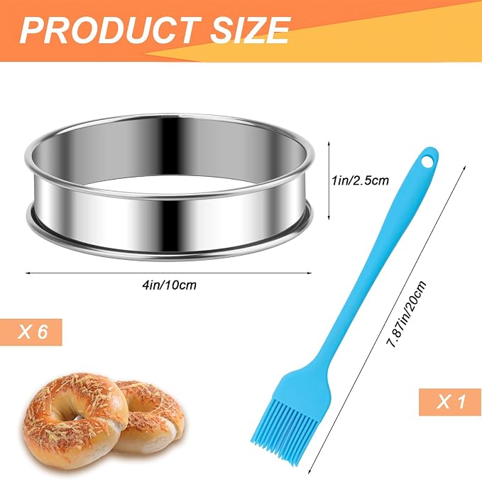 Catcan 6 Pieces English Muffin Rings, 4 Inch Stainless Steel Crumpet Ring Double Rolled Tart Ring Nonstick with Silicone Oil Brush for Home Food Making Tool