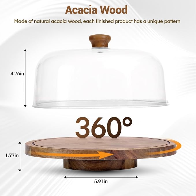 Acacia Wood Cake Stand with Lid, 12in Wooden Cake Stand with Acrylic Dome, Cake Display Stand with Acrylic Dome for Baking, Wedding, Kitchen, Birthday, Parties(Not Glass)