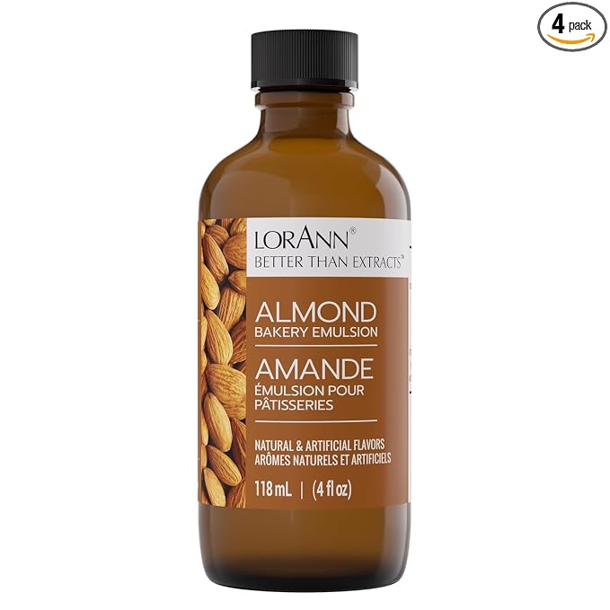 LorAnn Oils Almond Bakery Emulsion: True Essence, Ideal for Boosting Fruit Tones in Cakes, Cookies & Desserts, Gluten-Free, Keto-Friendly, Extract Substitute Essential for Your Kitchen, 4 Oz, 4 Pack