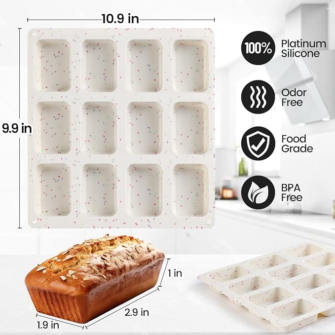 CAKETIME Mini Loaf Pan, Silicone Mini Bread Loaf Pans 12 Cups for Baking Bread, Brownie, Cornbread, Cheesecake, Soap Nonstick 2 Pack Confetti